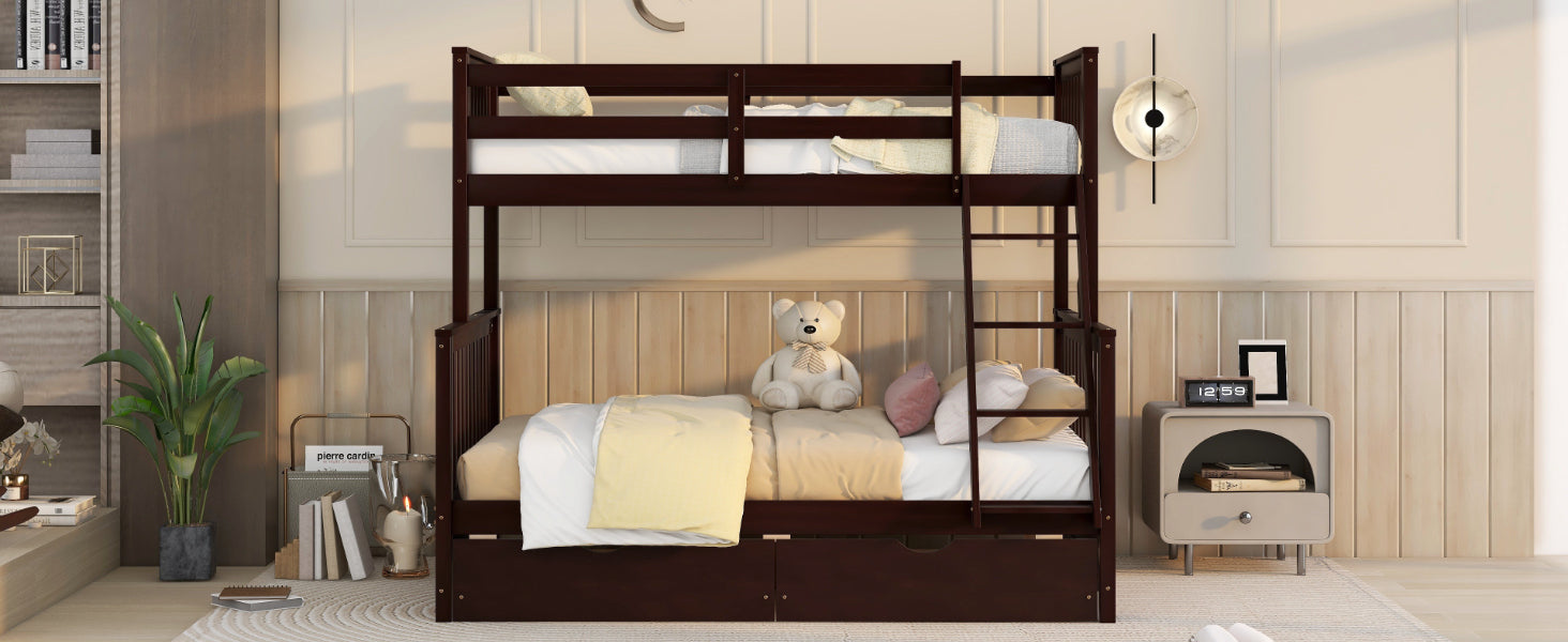 Twin-Over-Full Bunk Bed with Ladders and Two Storage Drawers(Espresso)( old sku:LT000165AAP) - Home Elegance USA