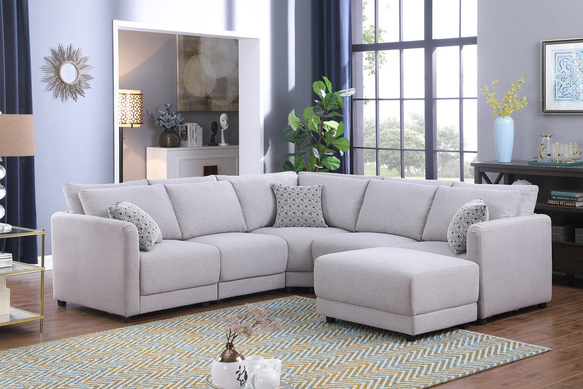 Penelope Light Gray Linen Fabric Reversible L-Shape Sectional Sofa with Ottoman and Pillows - Home Elegance USA