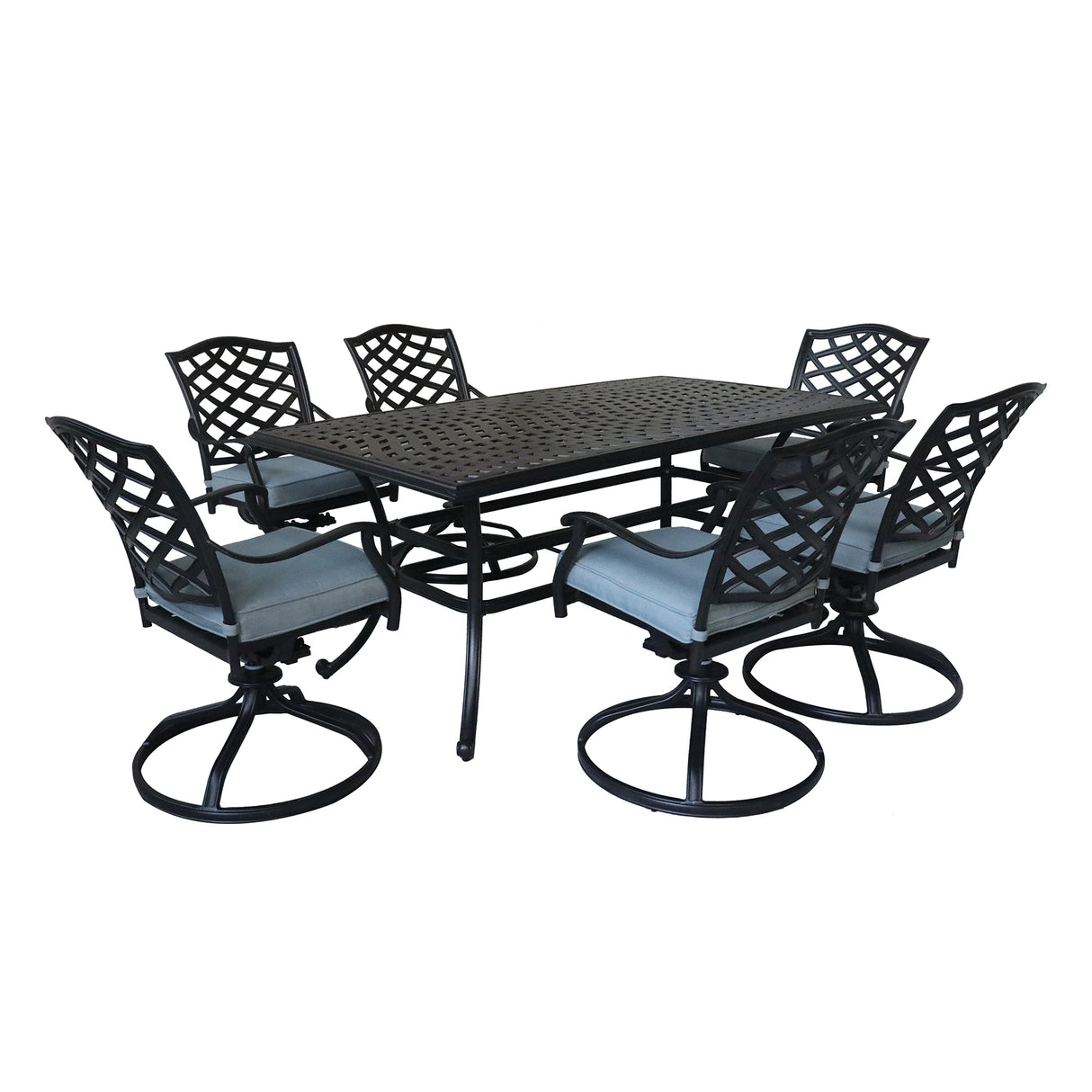 Aluminum 7 - Piece Rectangular Dining Set With 6 Swivel Rockers, Light Blue | Home Elegance USA