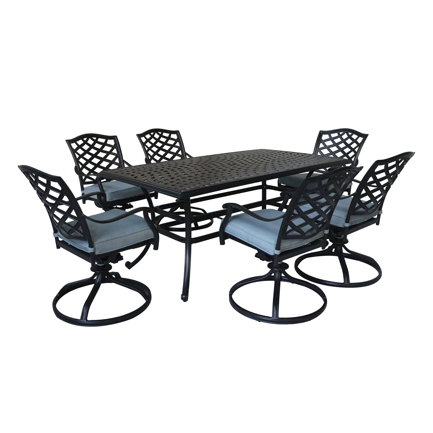 Aluminum 7 - Piece Rectangular Dining Set With 6 Swivel Rockers, Light Blue | Home Elegance USA
