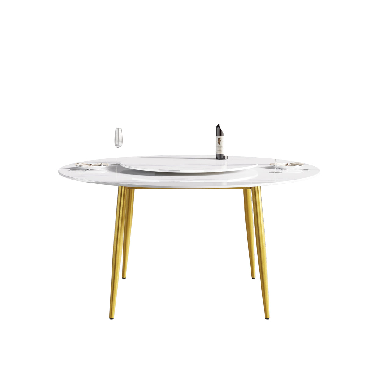 59.05"Modern artificial stone round golden metal dining table - can accommodate 6 people - 31.5"white artificial stone turntable | Home Elegance USA