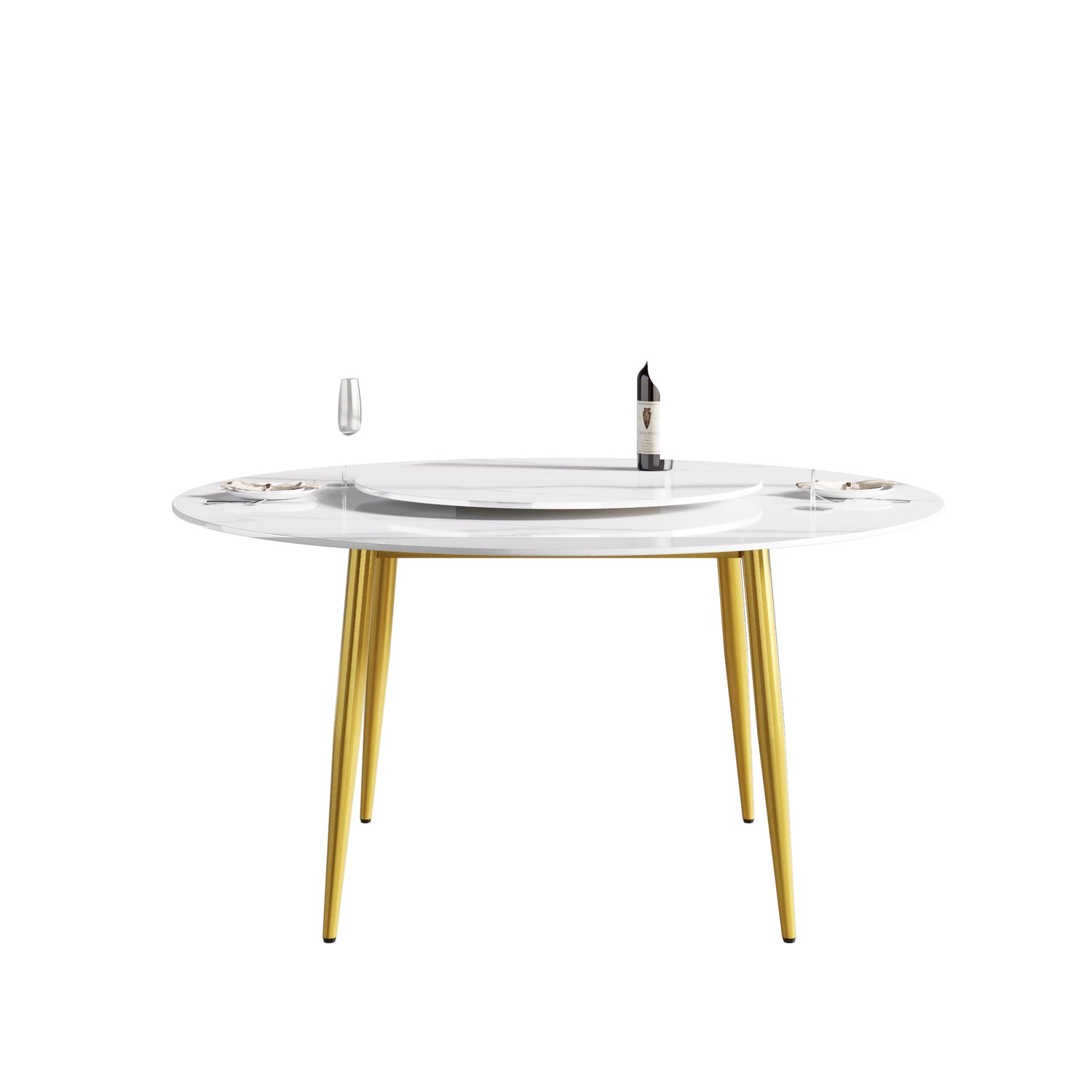 59.05"Modern artificial stone round golden metal dining table - can accommodate 6 people - 31.5"white artificial stone turntable | Home Elegance USA