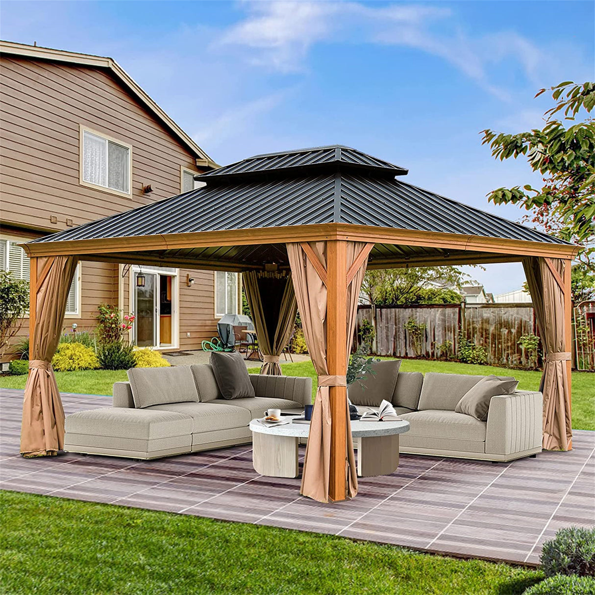 12'x14' Hardtop Gazebo with cedar frame, steel roof, and netting for outdoor use in patios and lawns. | Home Elegance USA
