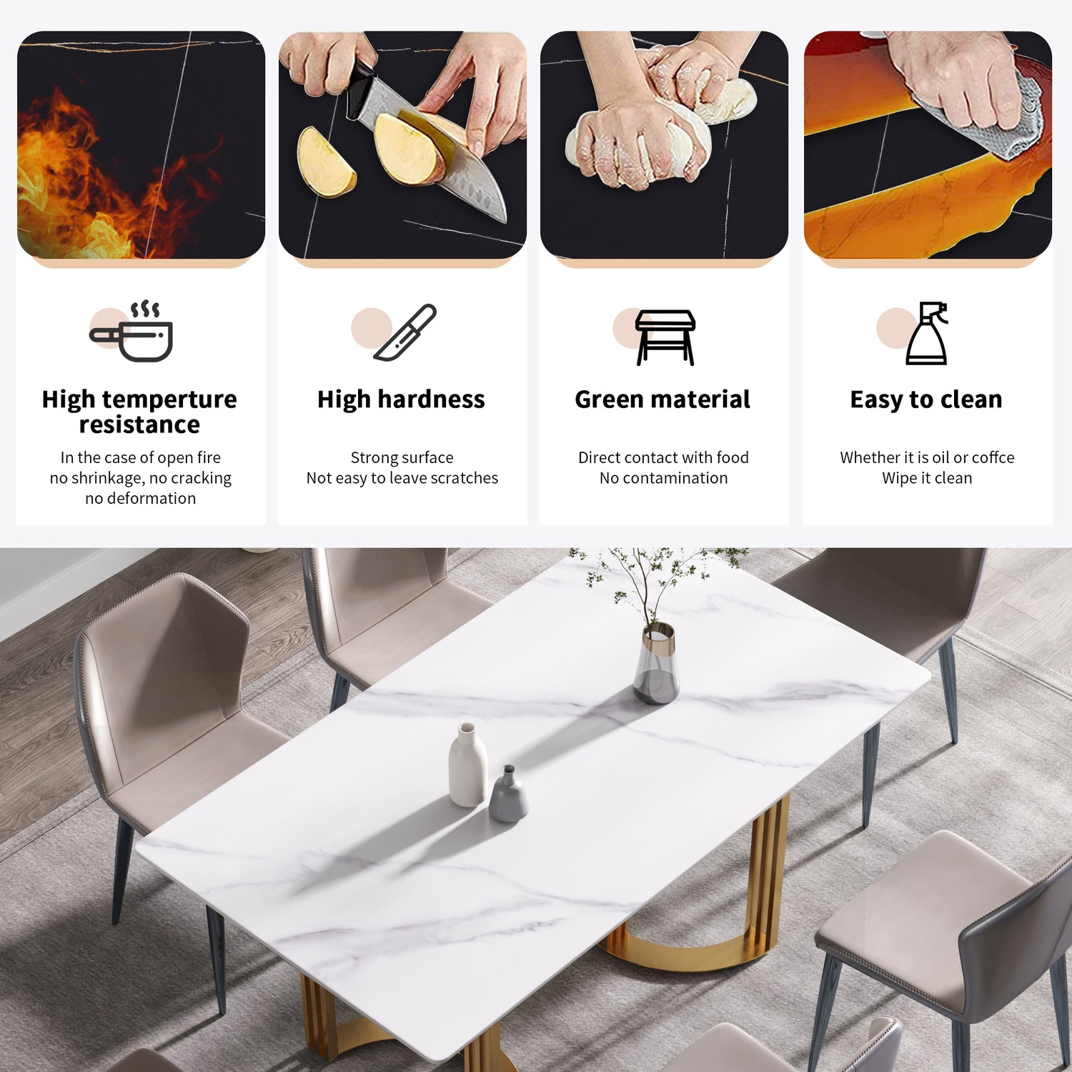 63"Modern artificial stone white straight edge golden metal leg dining table - 6 people | Home Elegance USA