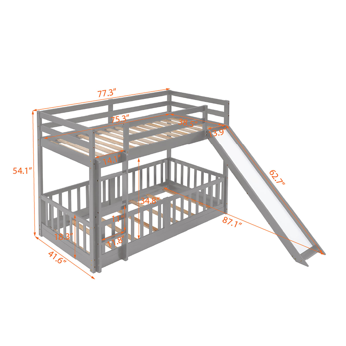 Twin Over Twin Bunk Bed with Slide and Ladder, Gray(Old SKU:LP000009AAE) - Home Elegance USA