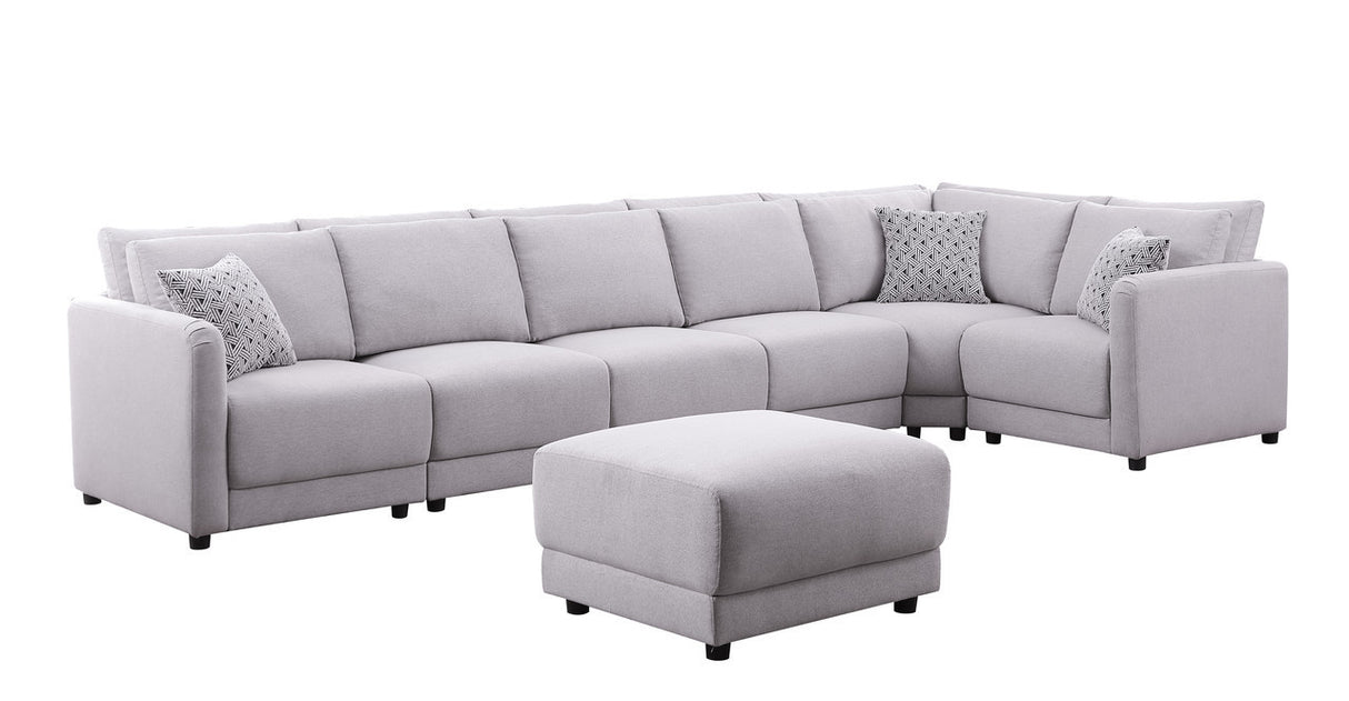 Penelope Light Gray Linen Fabric Reversible 7PC Modular Sectional Sofa with Ottoman and Pillows - Home Elegance USA