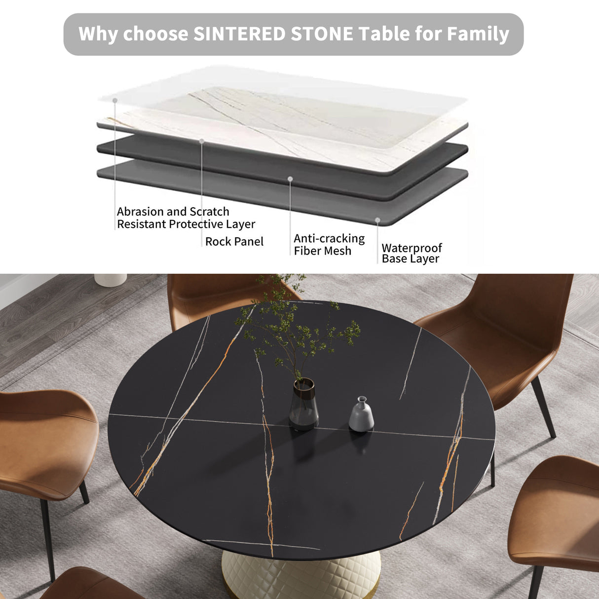 53.15"Modern artificial stone round white carbon steel base dining table - can accommodate 6 people | Home Elegance USA