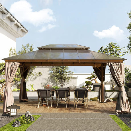12x16ft Hardtop Gazebo, Permanent Outdoor Gazebo with Polycarbonate Double Roof, Aluminum Gazebo Pavilion with Curtain and Net for Garden, Patio, Lawns, Deck, Backyard (Wood - Looking) | Home Elegance USA