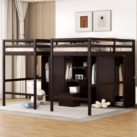 Double Twin Loft Beds with Wardrobes and Staircase, Espresso - Home Elegance USA