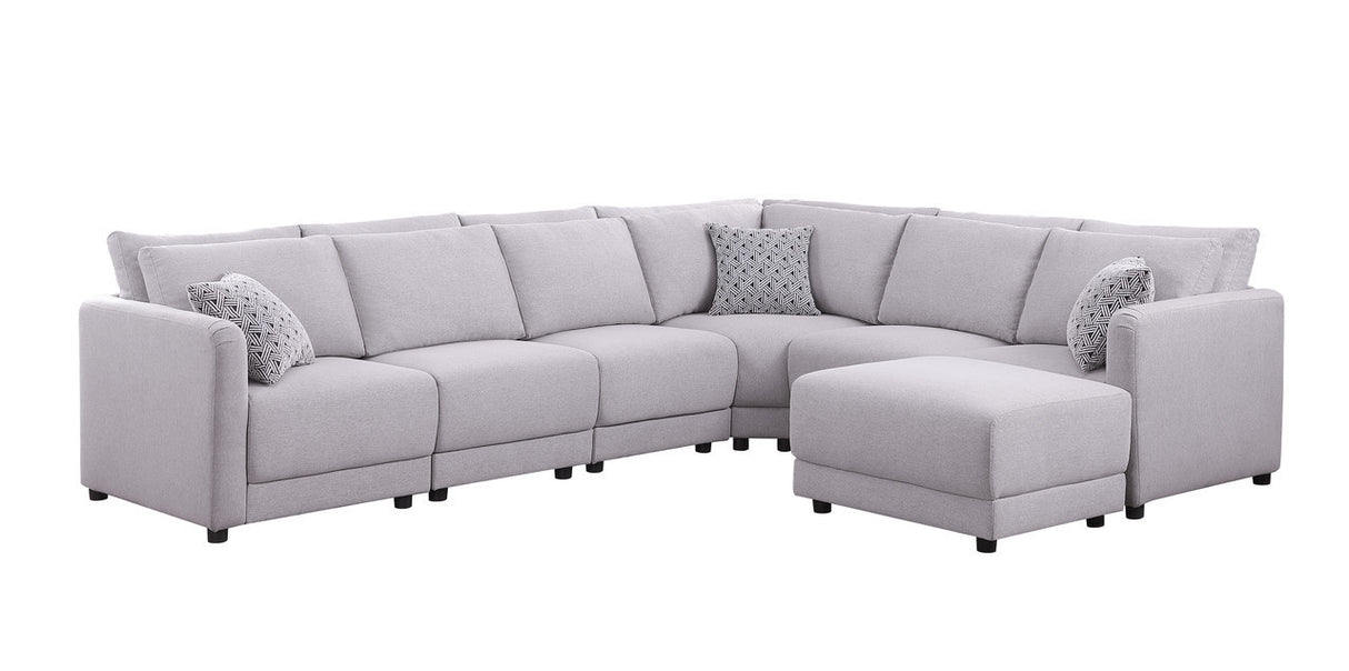 Penelope Light Gray Linen Fabric Reversible 7PC Modular Sectional Sofa with Ottoman and Pillows - Home Elegance USA