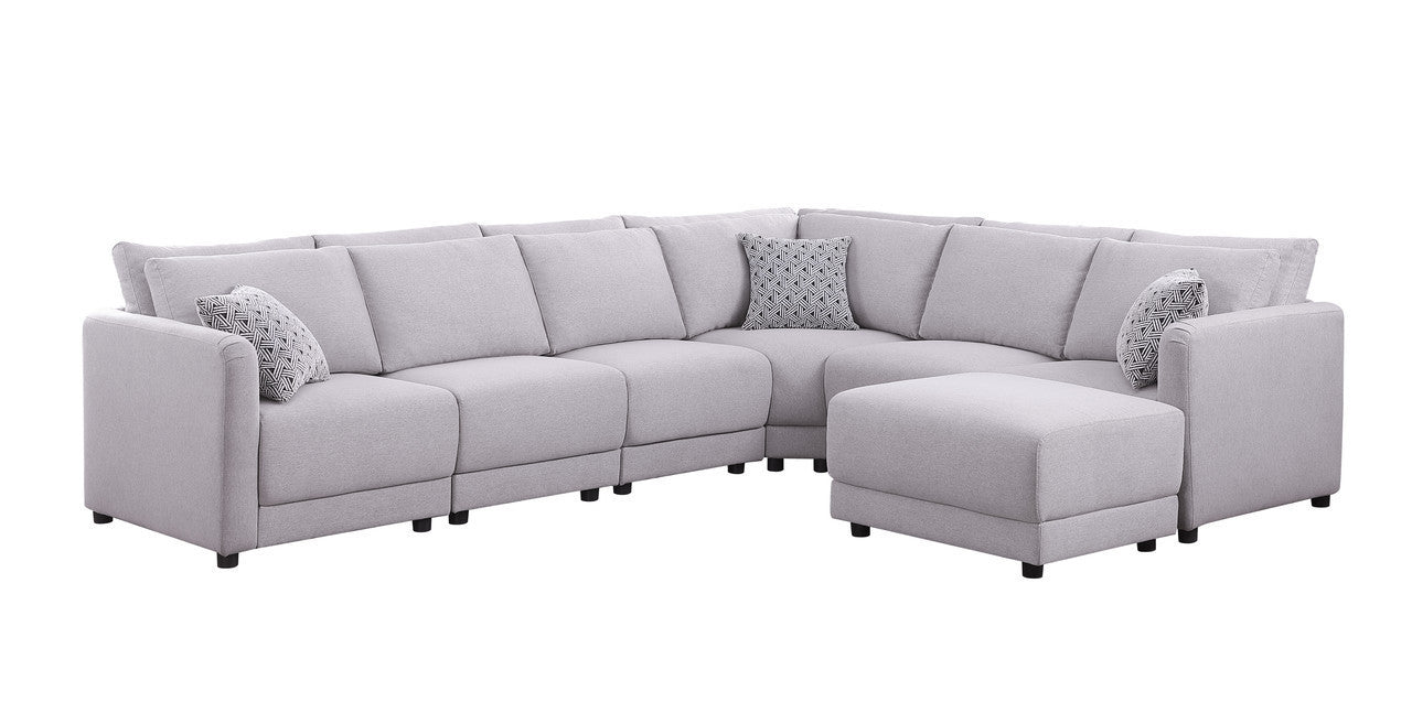 Penelope Light Gray Linen Fabric Reversible 7PC Modular Sectional Sofa with Ottoman and Pillows - Home Elegance USA