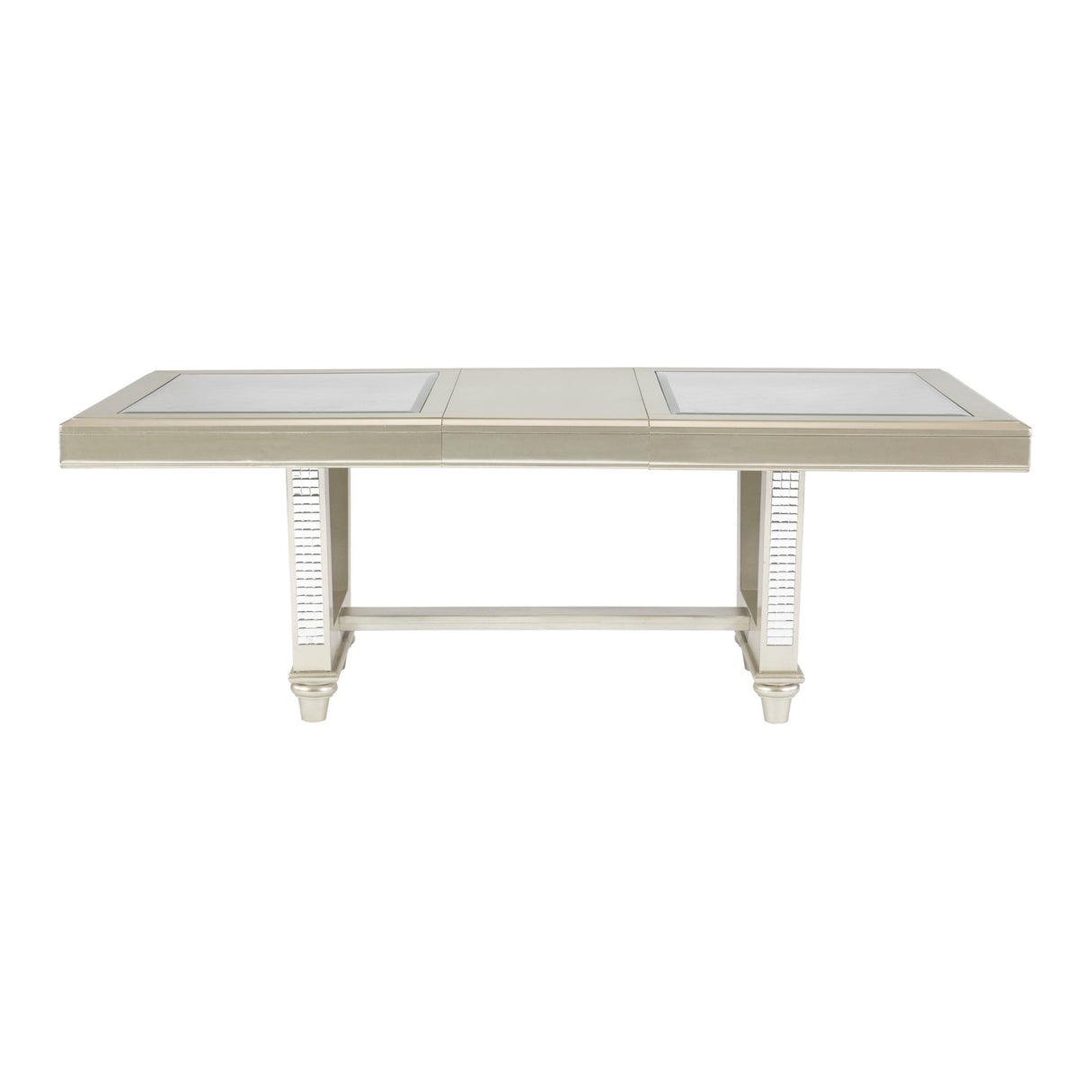 Glamorous Style Trestle Dining Table 1pc Glass Insert Top Decor Extension Leaf Champagne Finish Dining Room Furniture - Home Elegance USA