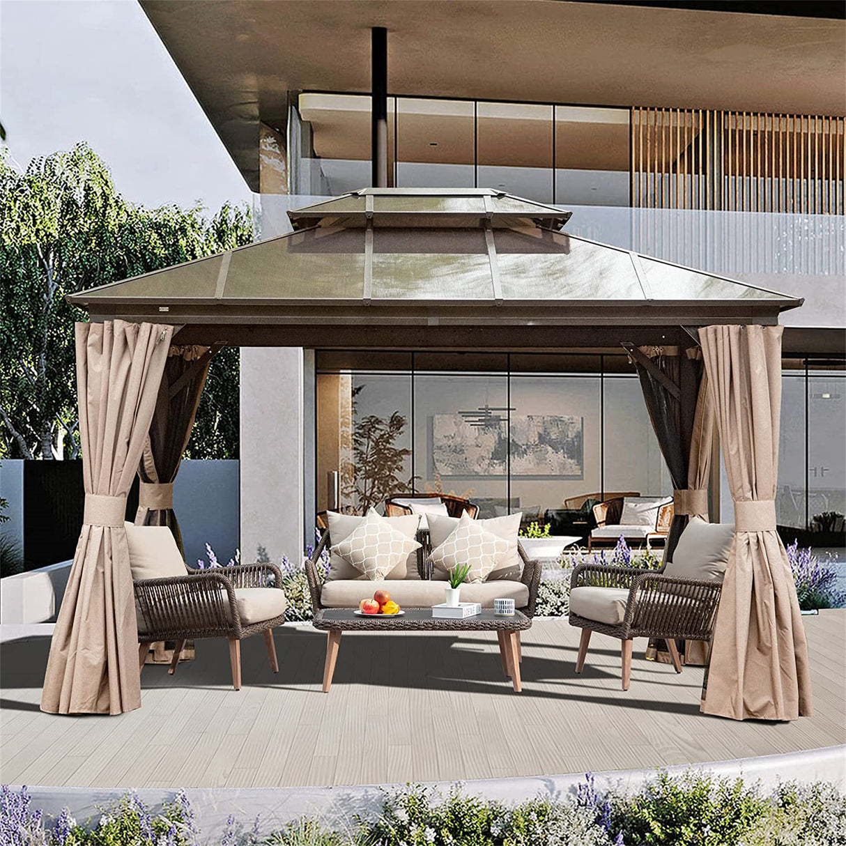 Brown 10'x12' Hardtop Gazebo: Outdoor Pavilion with Polycarbonate Roof, Aluminum Frame, Curtain & Net - Perfect for Garden, Patio | Home Elegance USA