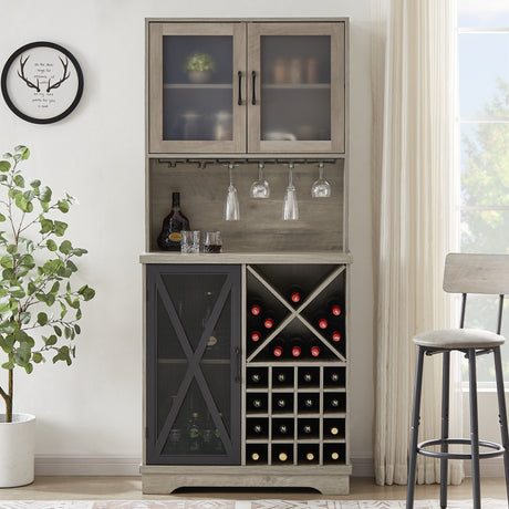 JHX Farmhouse Wine Cabinet , Large Capacity Kitchen Sideboard Storage Cabinet With Wine Rack And Glass Holder, Adjustable Shelf And 16 Square Compartments (Gray, 31.50" W*13.4" D*71.06"H)