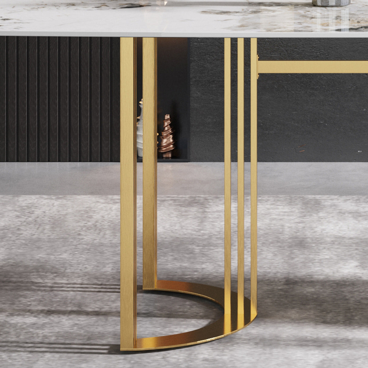 63"Modern artificial stone pandora white curved golden metal leg dining table - 6 people | Home Elegance USA