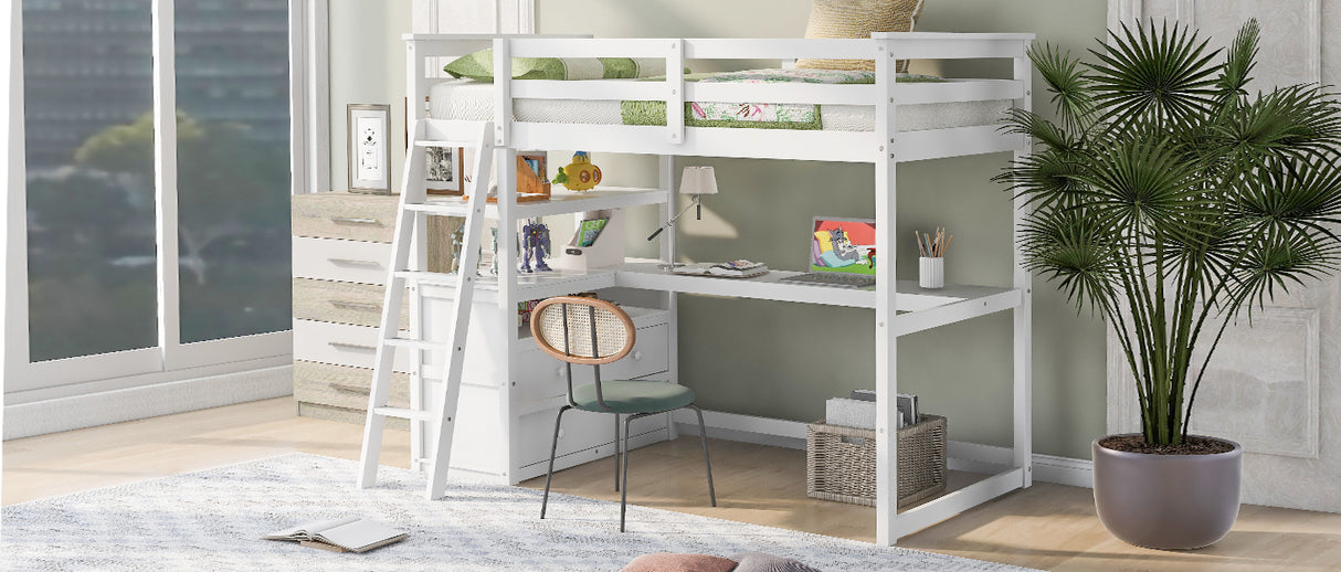 Twin Size Loft Bed with Desk and Shelves, Two Built-in Drawers, White (old SKU: GX000803AAK-1) - Home Elegance USA
