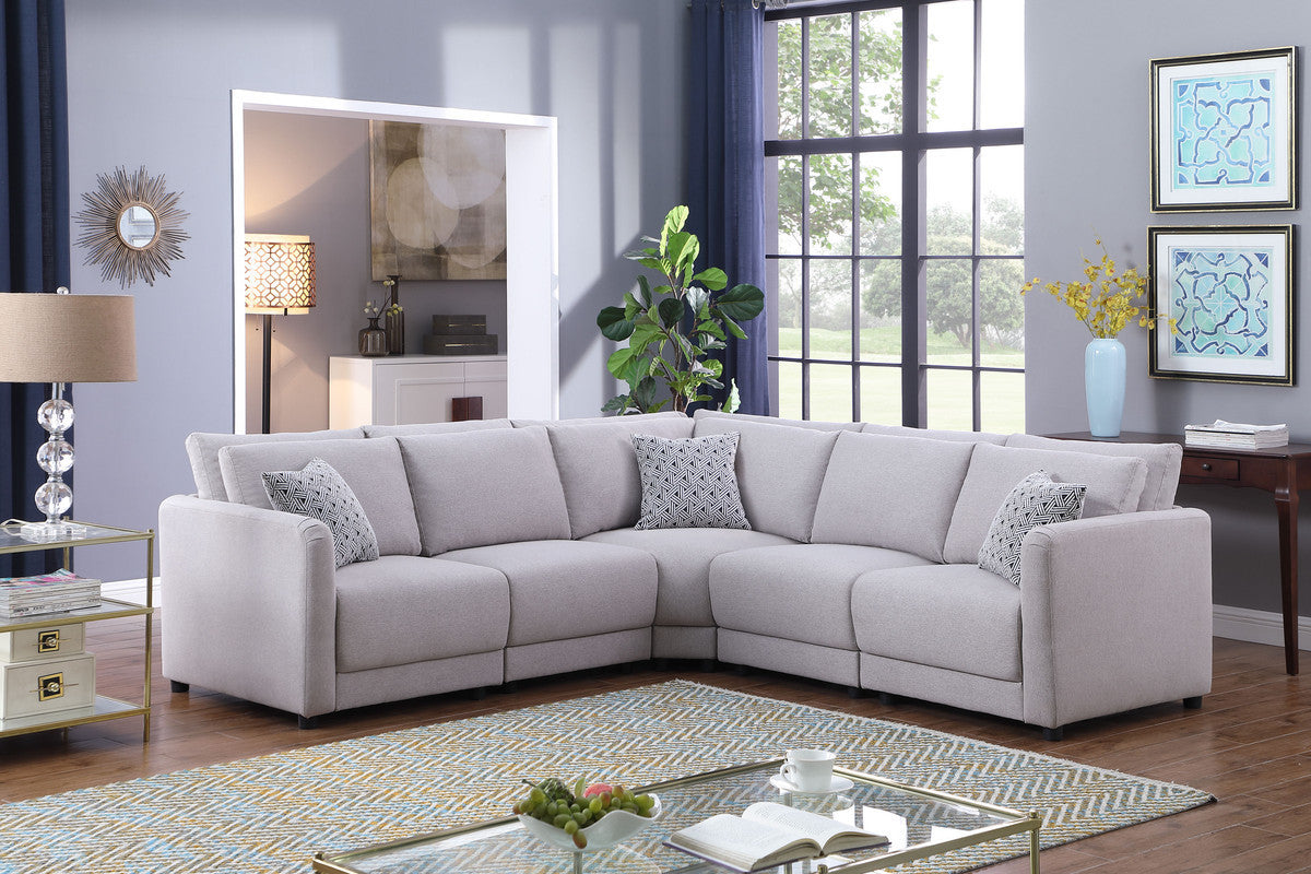 Penelope Light Gray Linen Fabric Reversible L-Shape Sectional Sofa with Pillows - Home Elegance USA