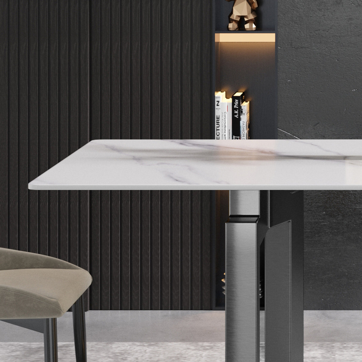 63"Modern artificial stone white straight edge black metal leg dining table - 6 people | Home Elegance USA