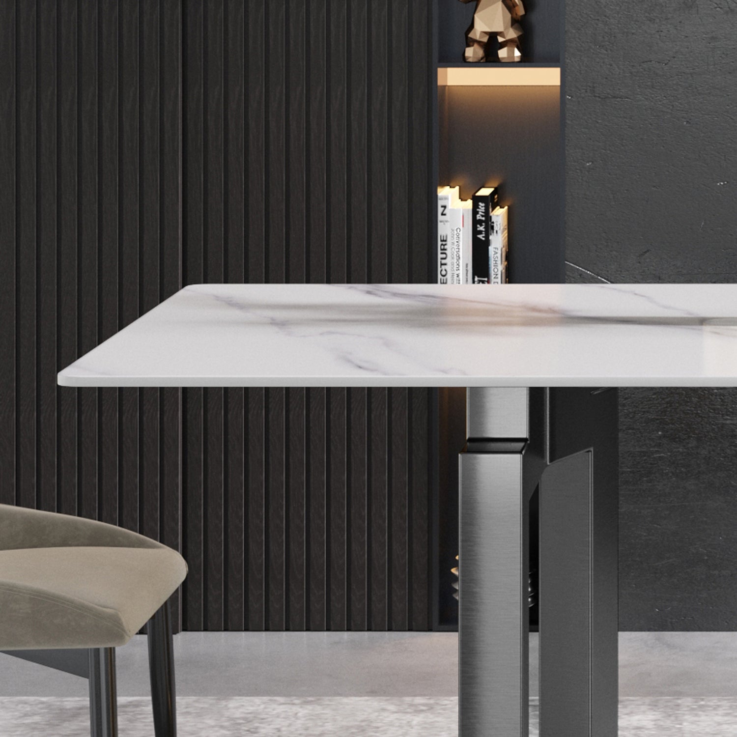 63"Modern artificial stone white straight edge black metal leg dining table - 6 people | Home Elegance USA