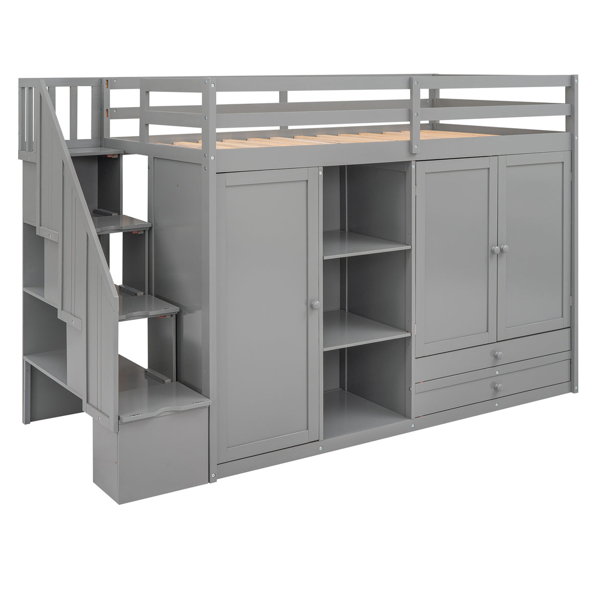 Functional Loft Bed with 3 Shelves, 2 Wardrobes and 2 Drawers, Ladder with Storage, No Box Spring Needed, Gray - Home Elegance USA