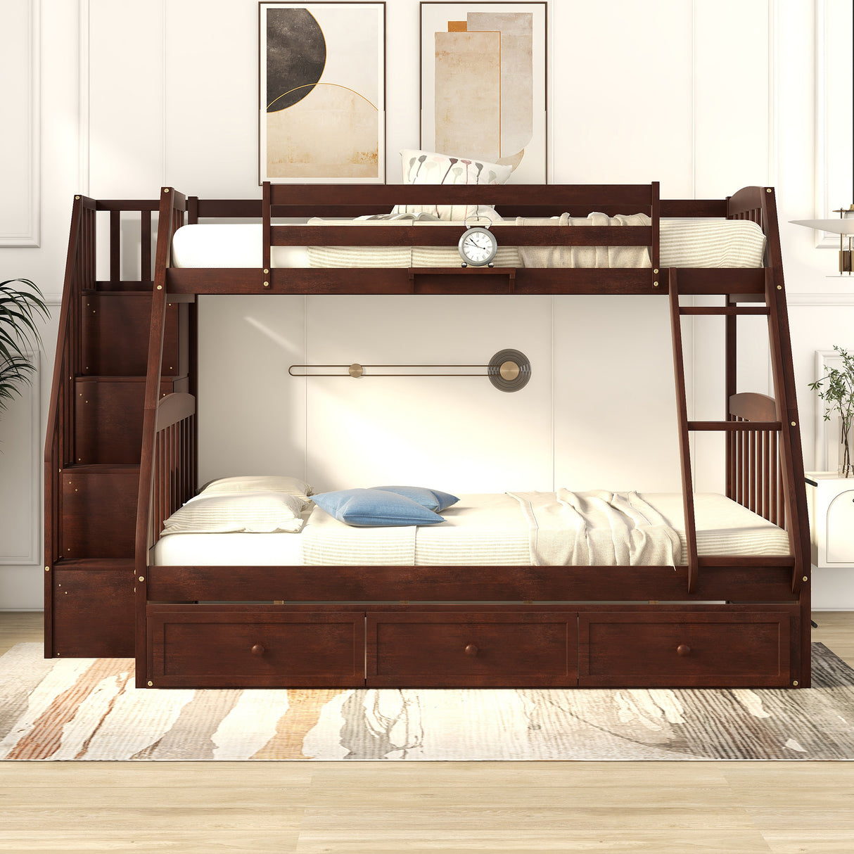 Twin-Over-Full Bunk Bed with Drawers,Ladder and Storage Staircase, Espresso - Home Elegance USA