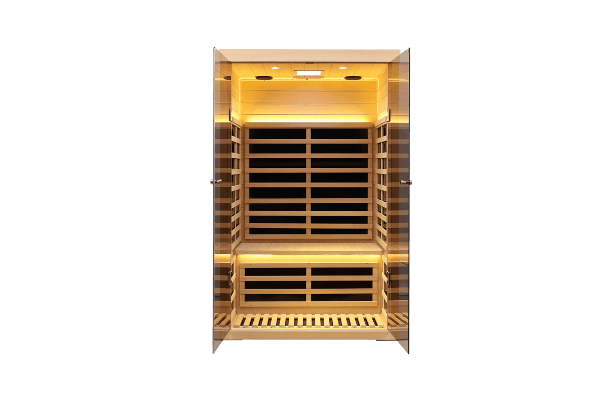 Two person wide space hemlock double doors great glass luxury indoor Far infrared sauna room