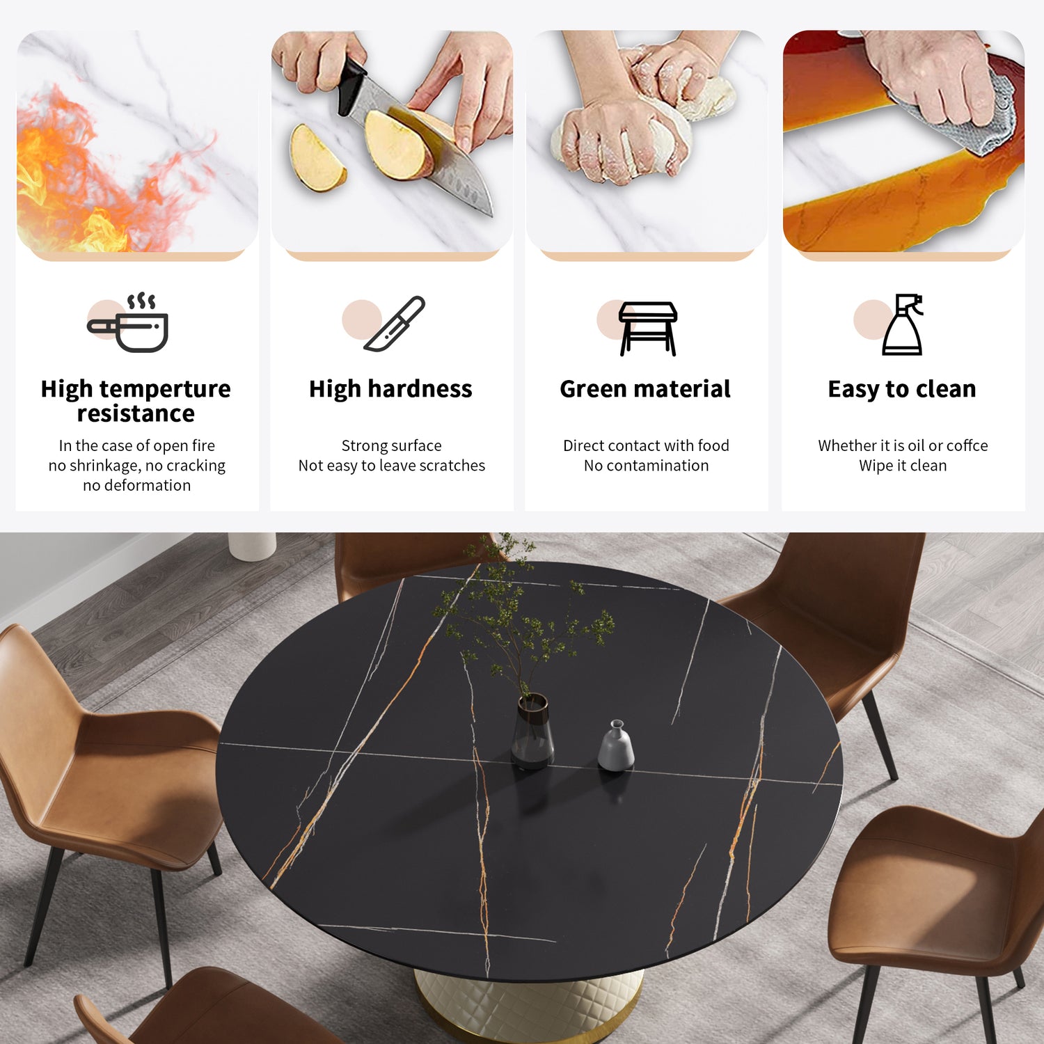 59.05"Modern artificial stone round white carbon steel base dining table - can accommodate 6 people | Home Elegance USA