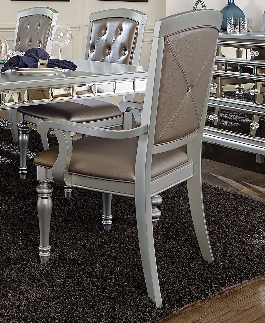 Glamorous Silver Finish Dining Set 7pc Dining Table 2x Armchairs 4x Side Chairs Crystal Button Tufted Upholstered Modern Style Furniture - Home Elegance USA
