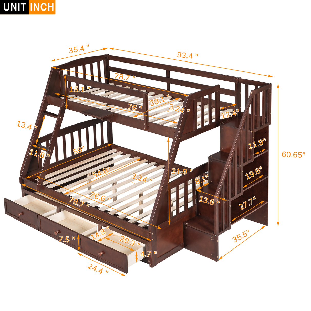 Twin-Over-Full Bunk Bed with Drawers,Ladder and Storage Staircase, Espresso - Home Elegance USA
