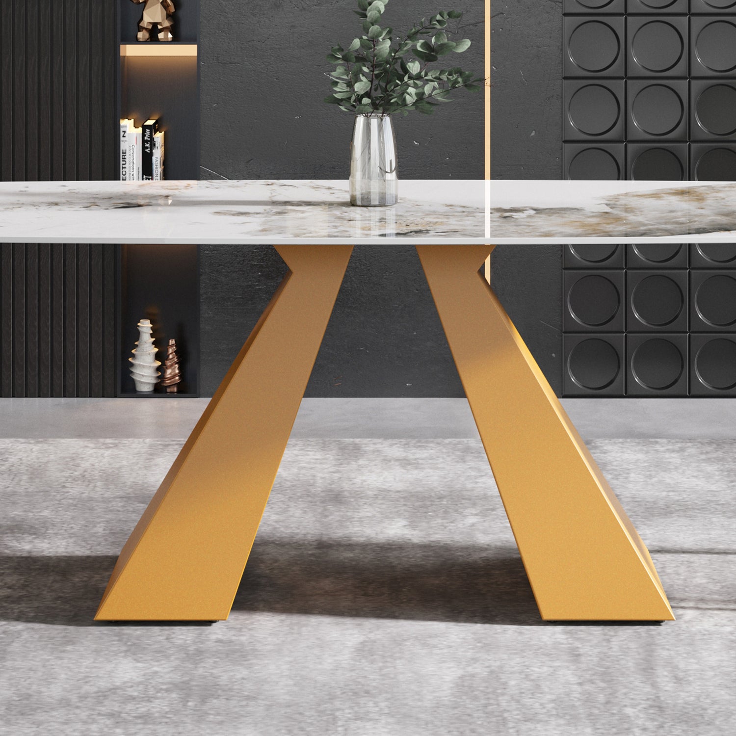 63"Modern artificial stone pandora white curved golden metal leg dining table - 6 people | Home Elegance USA