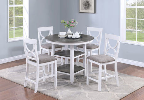 Counter Height Dining Table w Storage Shelve 4x Chairs Padded Seat Unique Design Back 5pc Dining Set White Color - Home Elegance USA