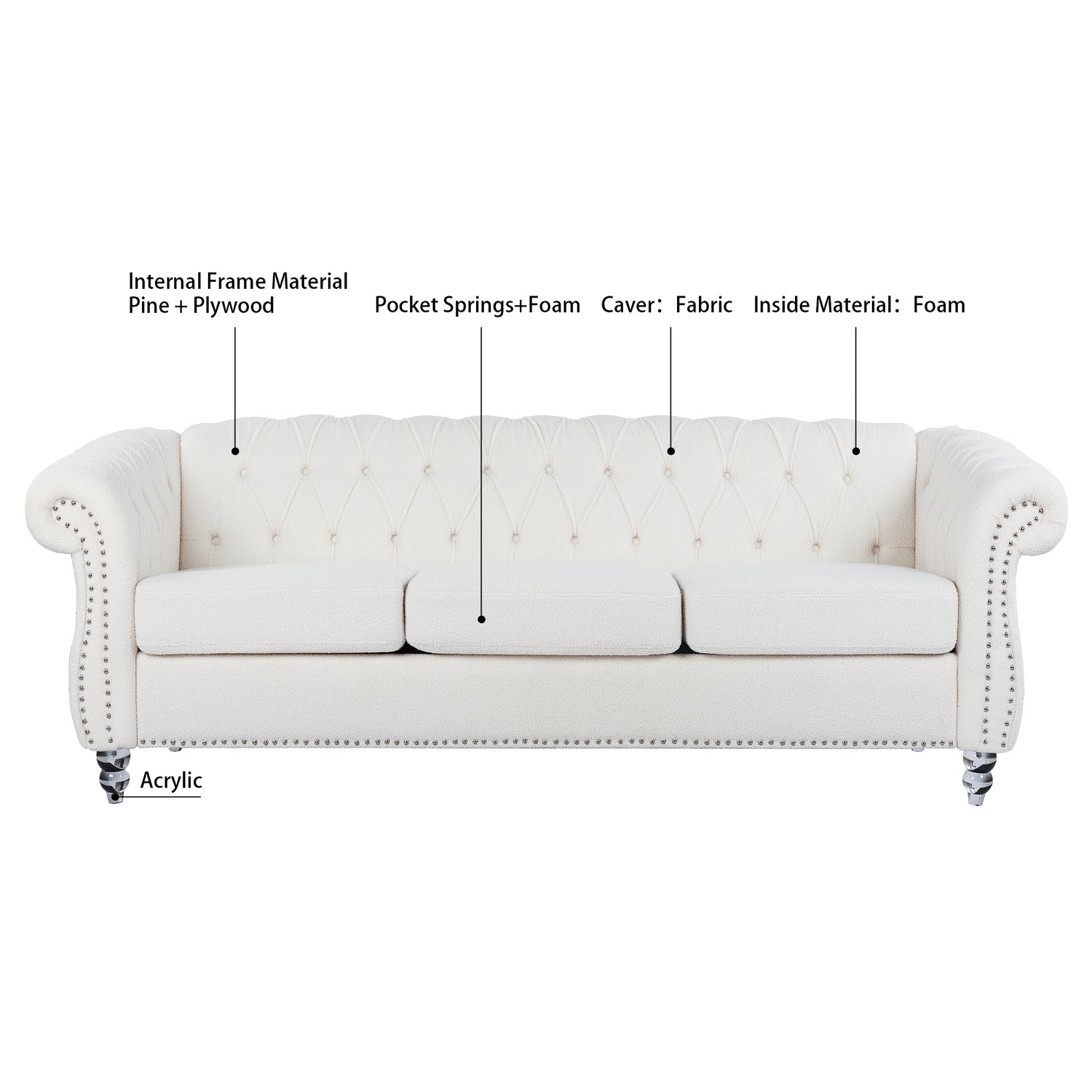 84.65" Rolled Arm Chesterfield 3 Seater Sofa | Home Elegance USA