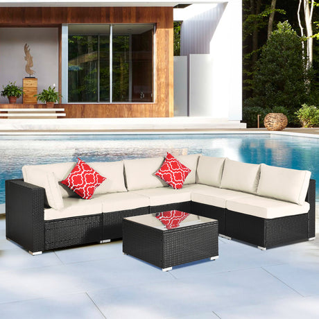 Outdoor Garden Patio Furniture 7-Piece PE Rattan Wicker Cushioned Sofa Sets with 2 Pillows and Coffee Table patio furniture set；outdoor couch；outdoor couch patio furniture；outdoor sofa；patio couch