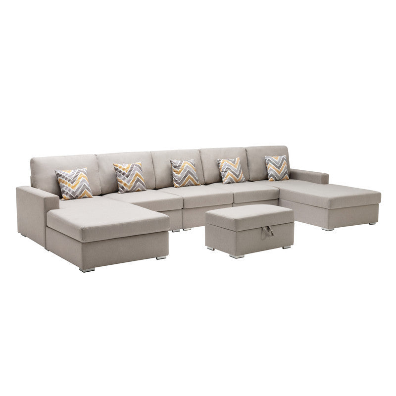 Nolan Beige Linen Fabric 6Pc Double Chaise Sectional Sofa with Interchangeable Legs, Storage Ottoman, and Pillows - Home Elegance USA