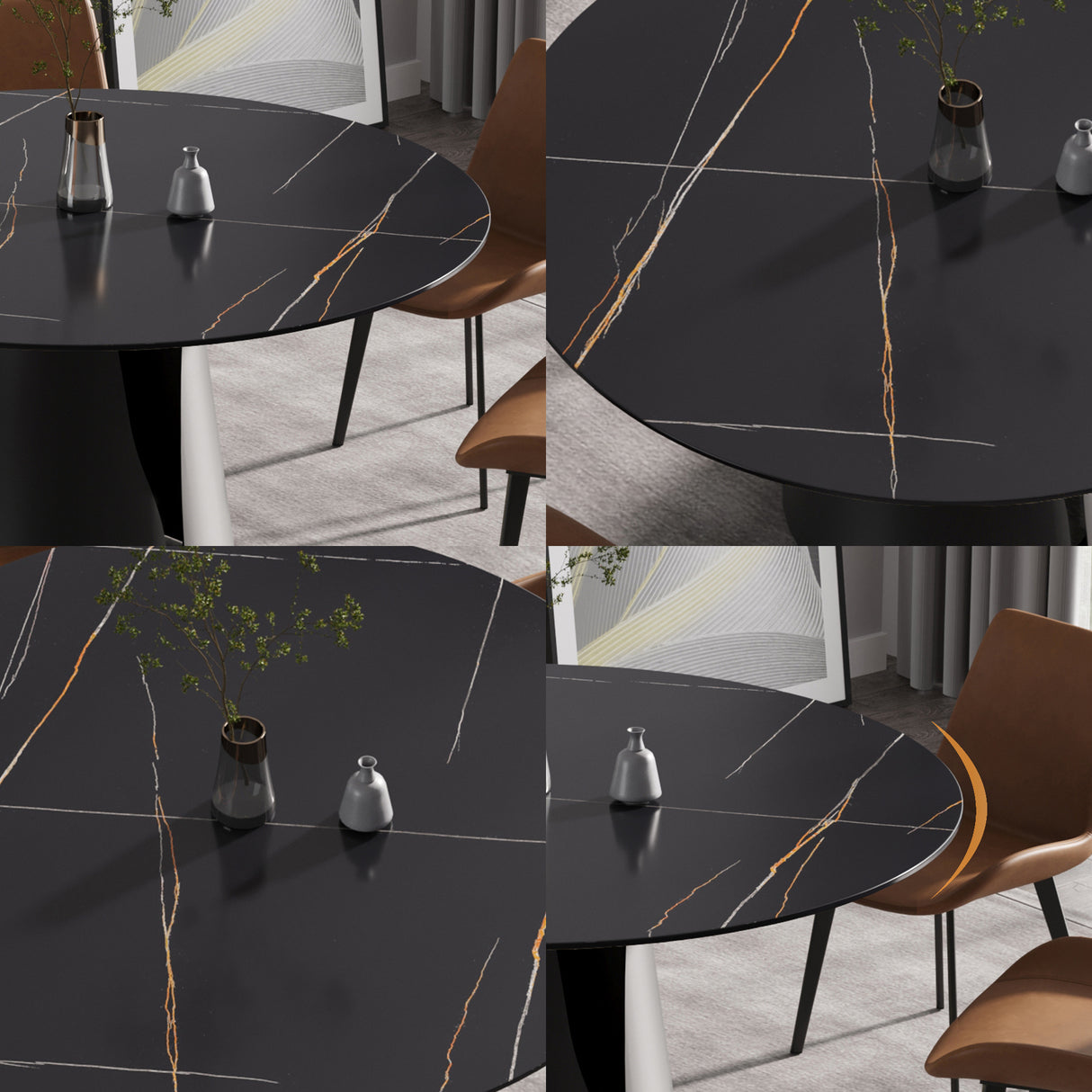 59.05"Modern artificial stone round black carbon steel base dining table - can accommodate 6 people | Home Elegance USA