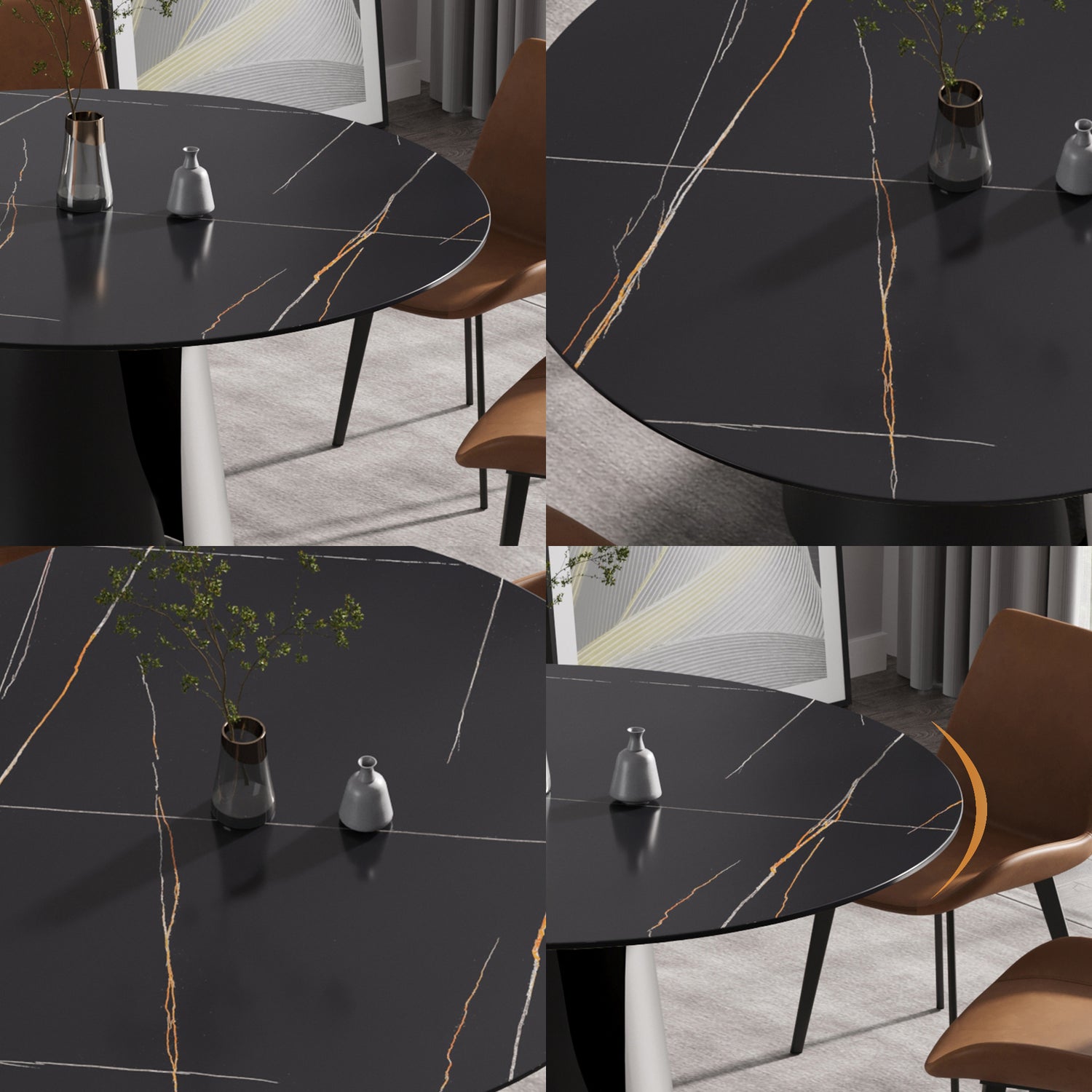 59.05"Modern artificial stone round black carbon steel base dining table - can accommodate 6 people | Home Elegance USA