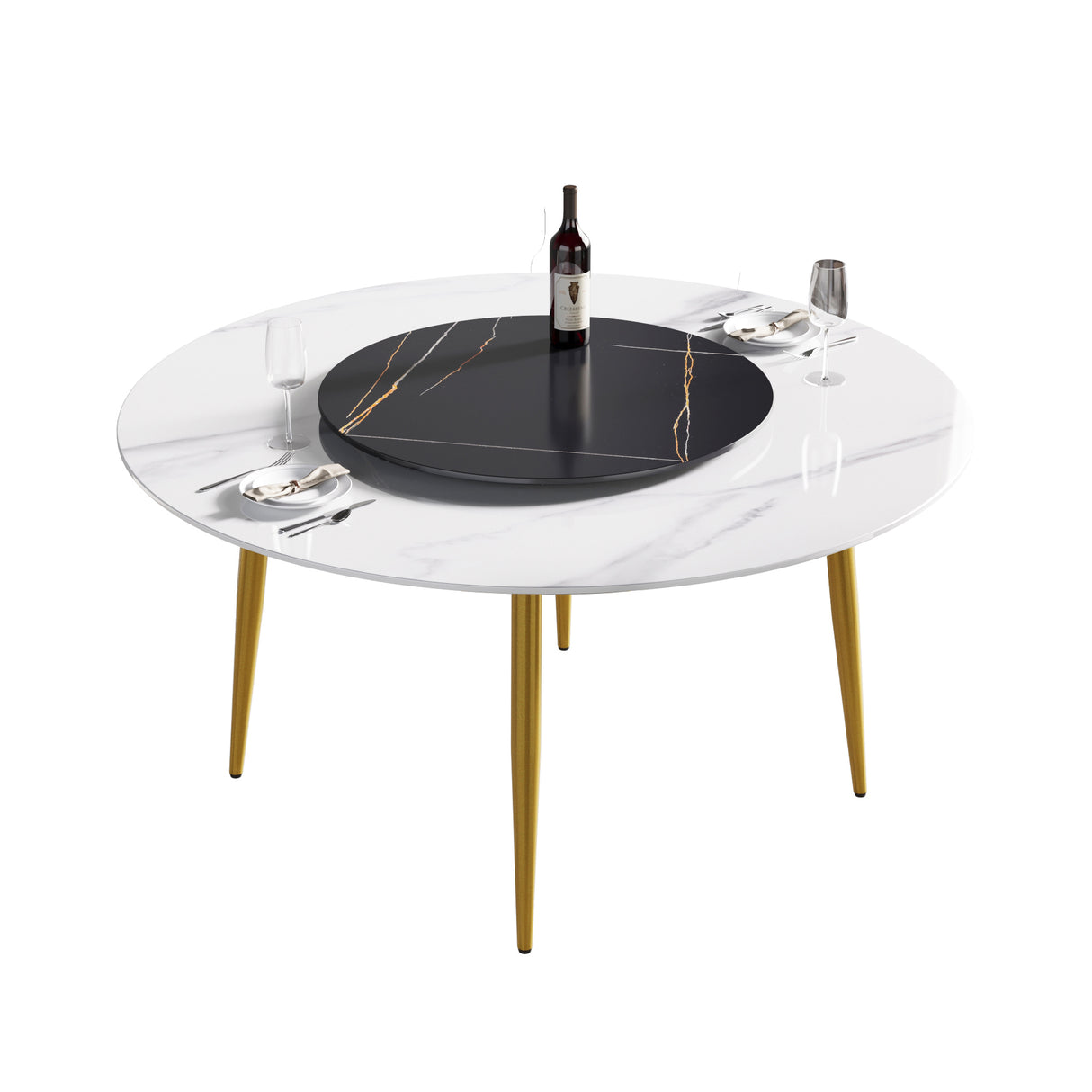 59.05"Modern artificial stone round golden metal dining table - can accommodate 6 people - 31.5"black artificial stone turntable | Home Elegance USA