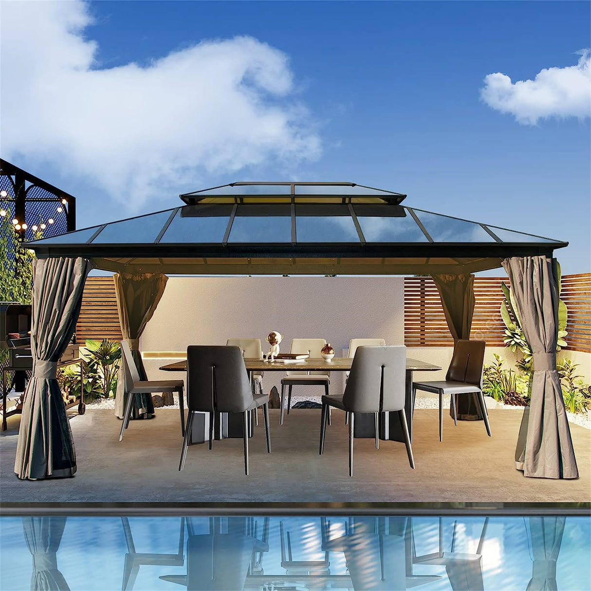 12x16ft Hardtop Gazebo, Permanent Outdoor Gazebo with Polycarbonate Double Roof, Aluminum Gazebo Pavilion with Curtain and Net for Garden, Patio, Lawns, Deck, Backyard, Wood Looking | Home Elegance USA