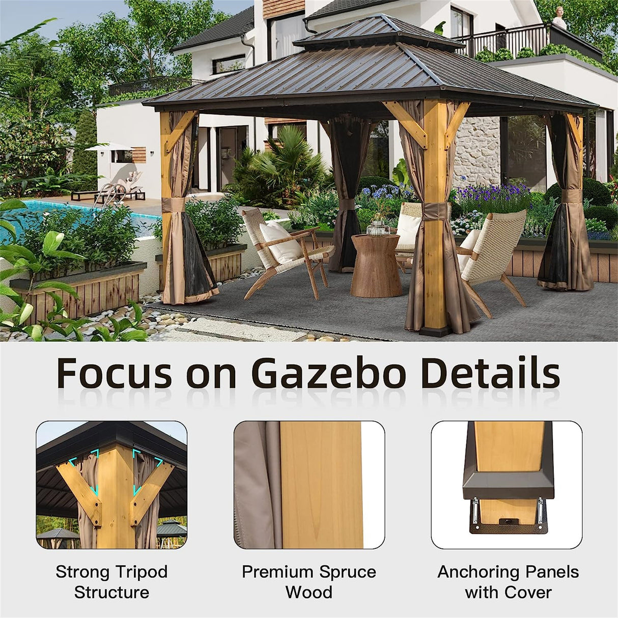 Brown Cedar Wood 12'x12' Hardtop Gazebo: Galvanized Steel Roof, Curtains, Netting - Ideal for Patio, Backyard, Lawn | Home Elegance USA