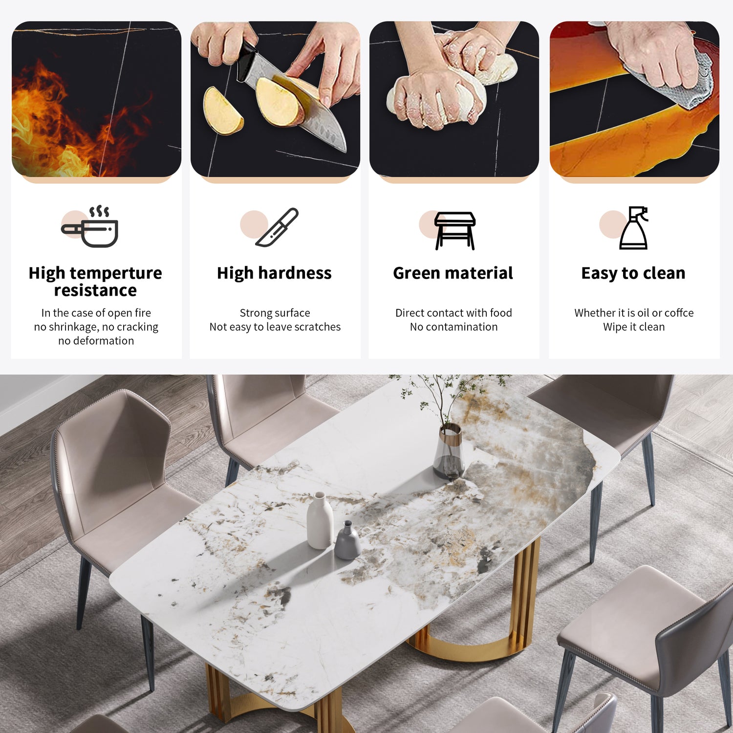 63"Modern artificial stone pandora white curved golden metal leg dining table - 6 people | Home Elegance USA