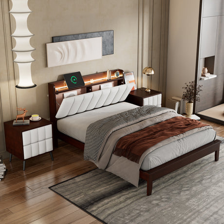 3-Pieces Bedroom Sets,Full Size Wood Platform Bed and Two Nightstands,Storage Platform bed with USB and LED Lights-Walnut+Beige - Home Elegance USA