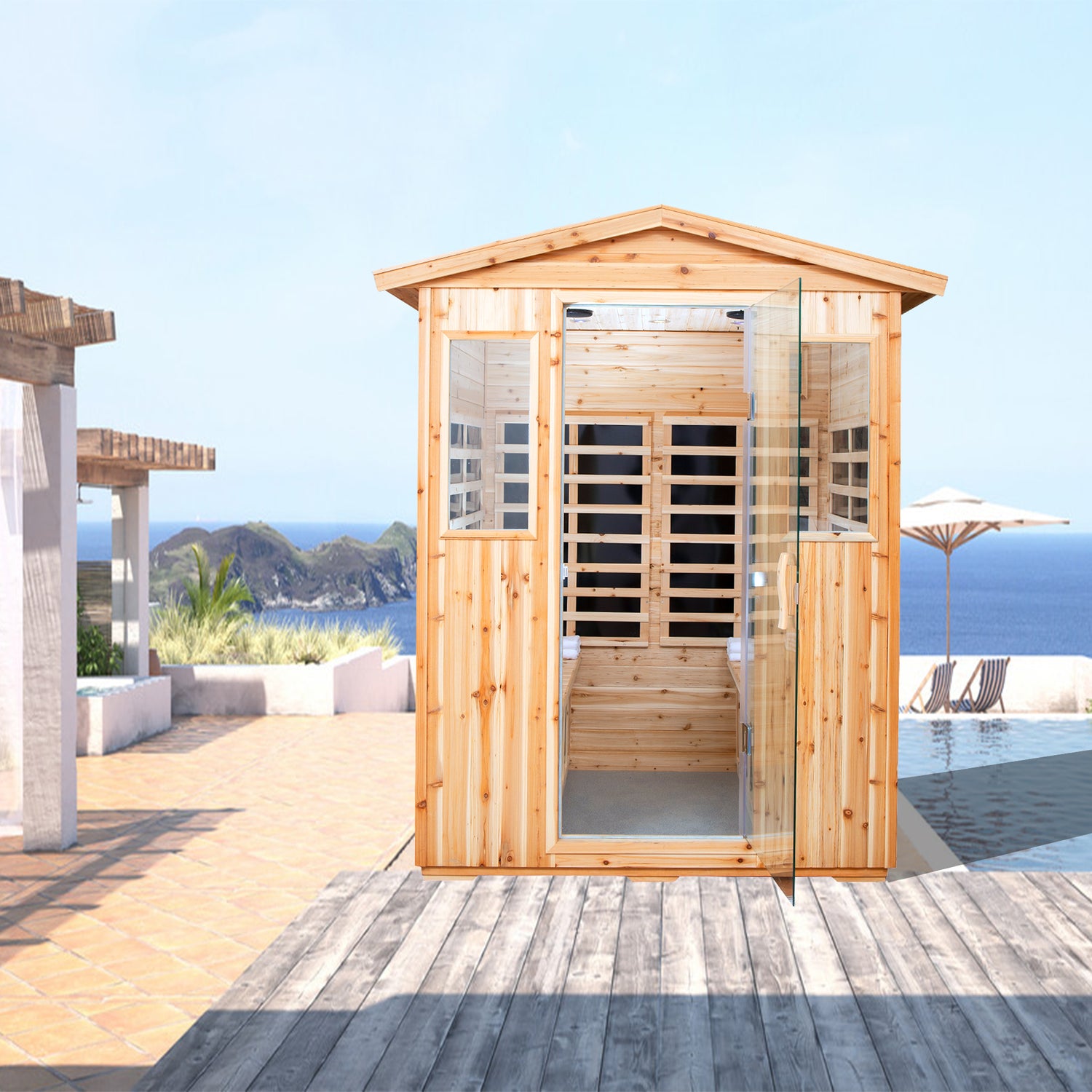 Outdoor Sauna for 4 Person,applicable indoors and outdoors. Far Infrared Sauna 8 Low EMF Heaters, Wooden Sauna Room 2050 Watt, Old Chinese fir, Chromotherapy, Bluetooth Speaker, LCD, LED.