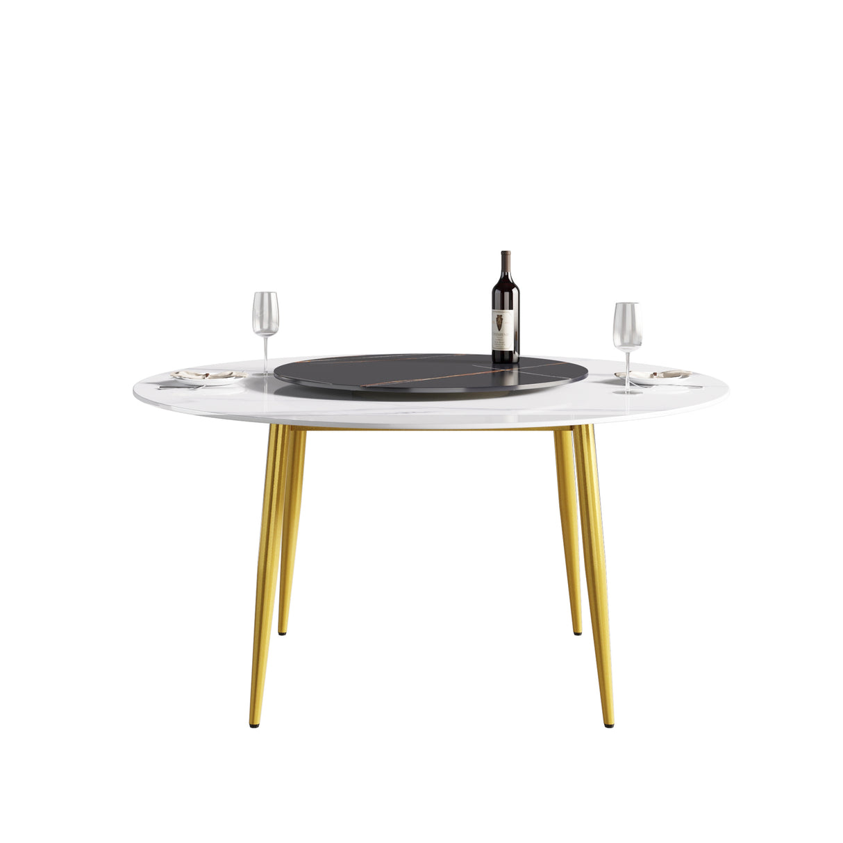 59.05"Modern artificial stone round golden metal dining table - can accommodate 6 people - 31.5"black artificial stone turntable | Home Elegance USA