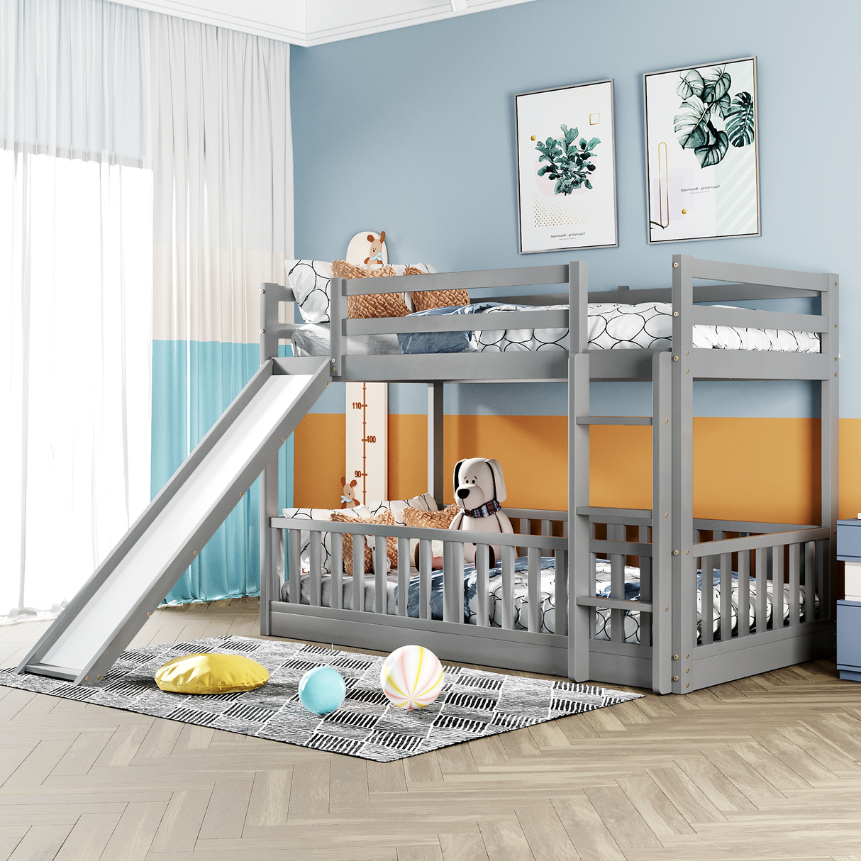 Twin Over Twin Bunk Bed with Slide and Ladder, Gray(Old SKU:LP000009AAE) - Home Elegance USA