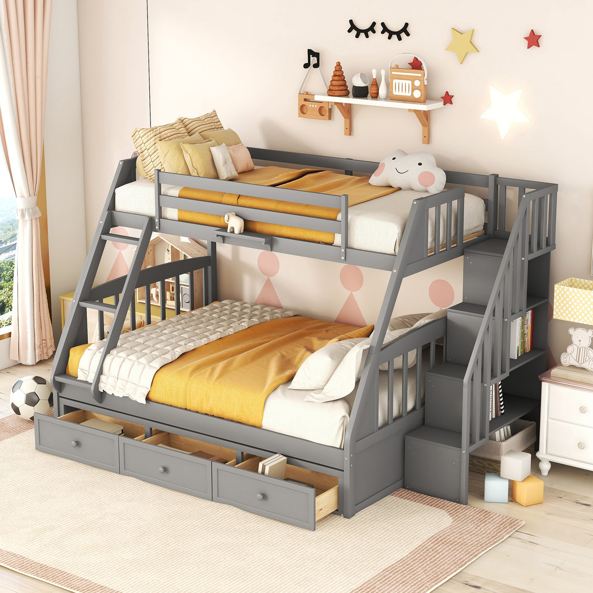 Twin-Over-Full Bunk Bed with Drawers,Ladder and Storage Staircase, Gray - Home Elegance USA