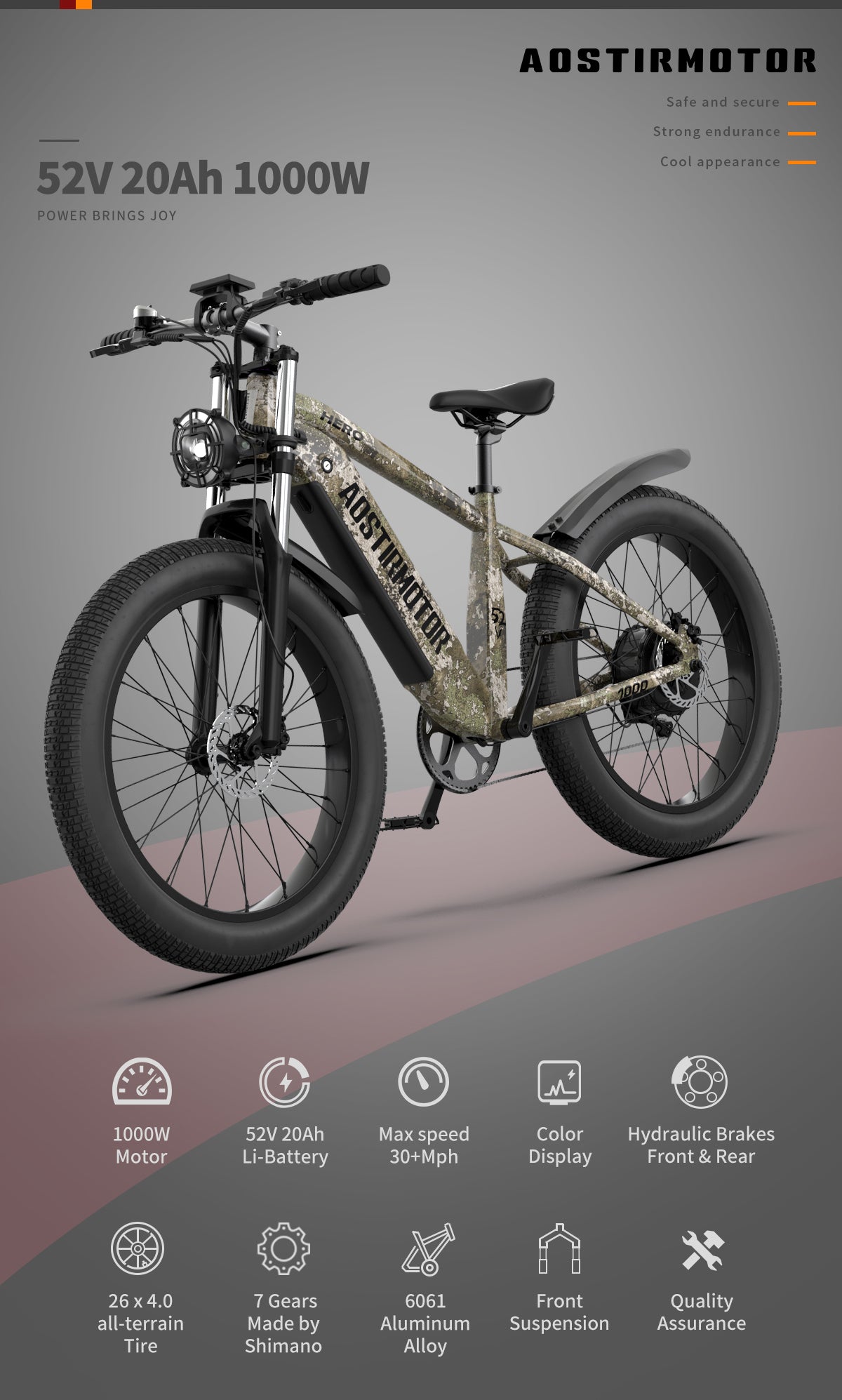 E-bike 26"1000W Electric Bike 52V 20Ah battery SAMSUNG All-terrain EBike Mountain Bicycle（Camouflage）