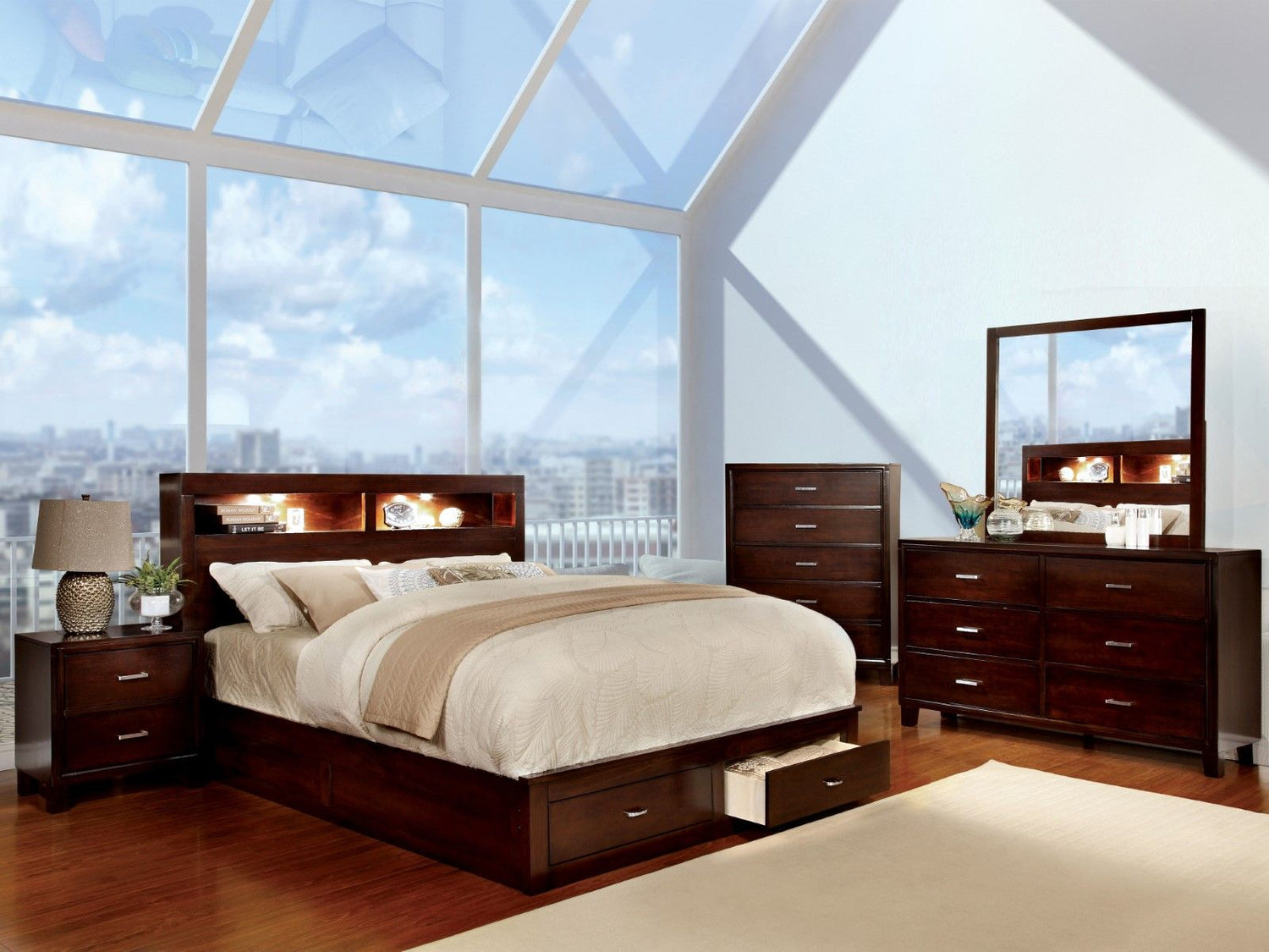 Gerico II - 5 Piece Queen Bedroom Set With 2 Nightstands - Brown Cherry - Home Elegance USA