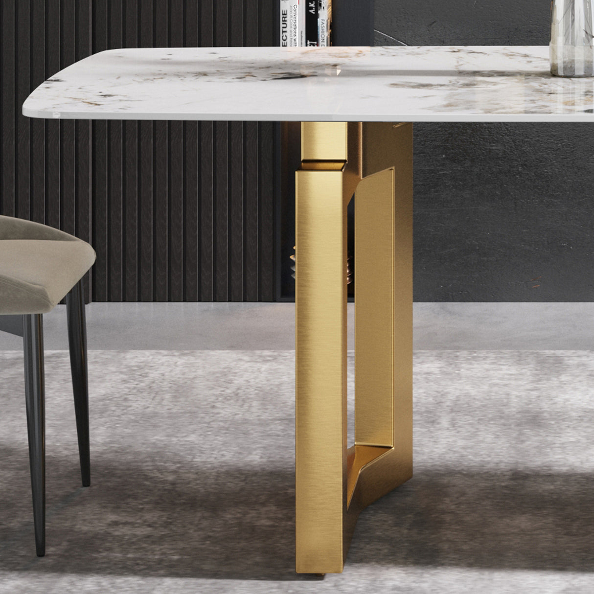 63"Modern artificial stone pandora white curved golden metal leg dining table - 6 people | Home Elegance USA