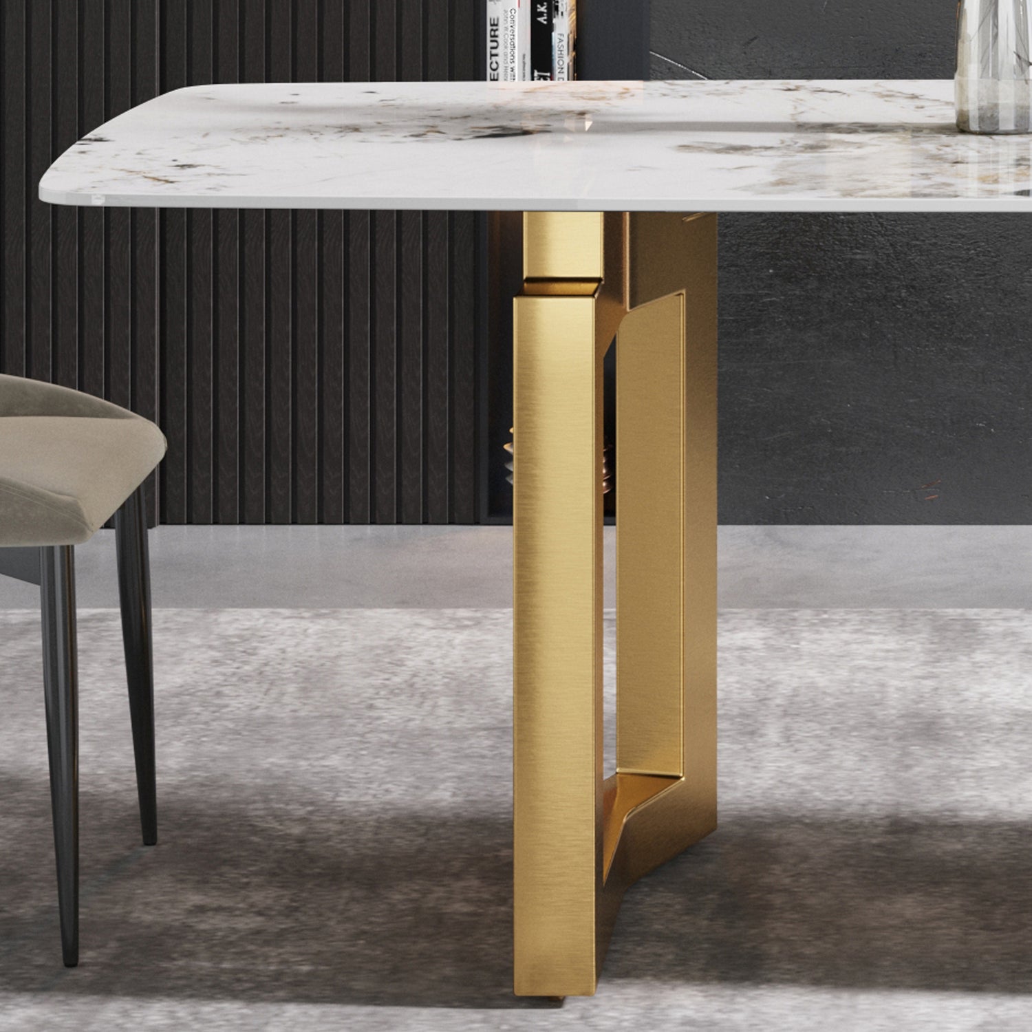 63"Modern artificial stone pandora white curved golden metal leg dining table - 6 people | Home Elegance USA