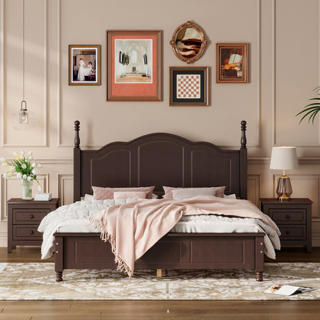 3-Pieces Bedroom Sets,Queen Size Wood Platform Bed and Two Nightstands-Dark Walnut - Home Elegance USA